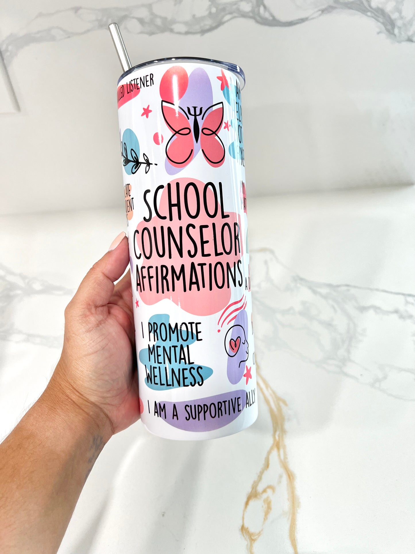SCHOOL COUNSELOR AFFIRMATIONS SKINNY TUMBLER